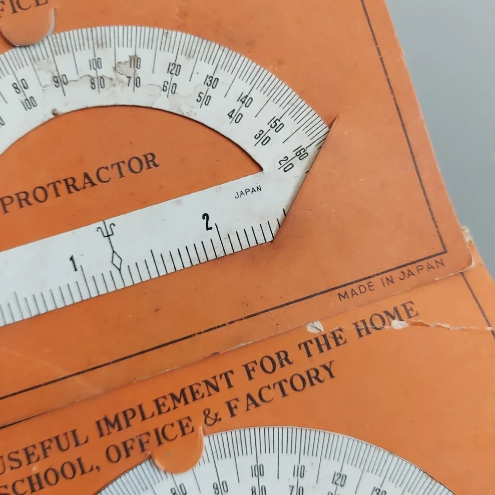 Vintage Japan White Metal Protractor Set 2pc Retro Drafting Ruler Math Tool